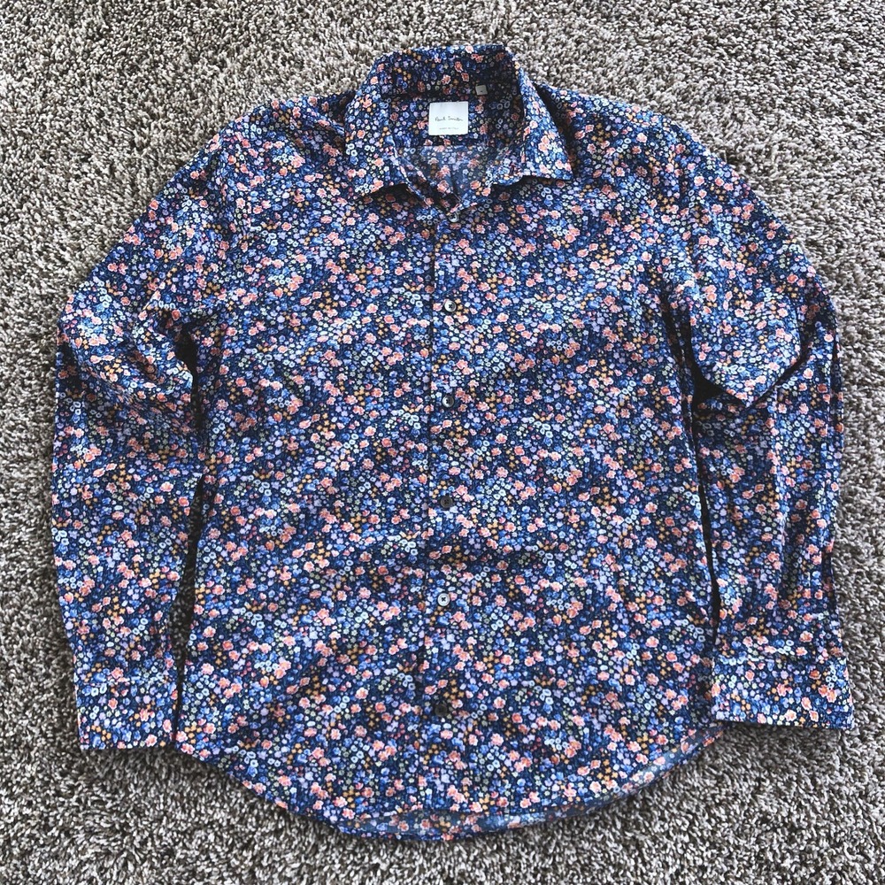 Paul Smith Button Up Shirt Size 16 All Over Floral Print Orange Blue Made Italy